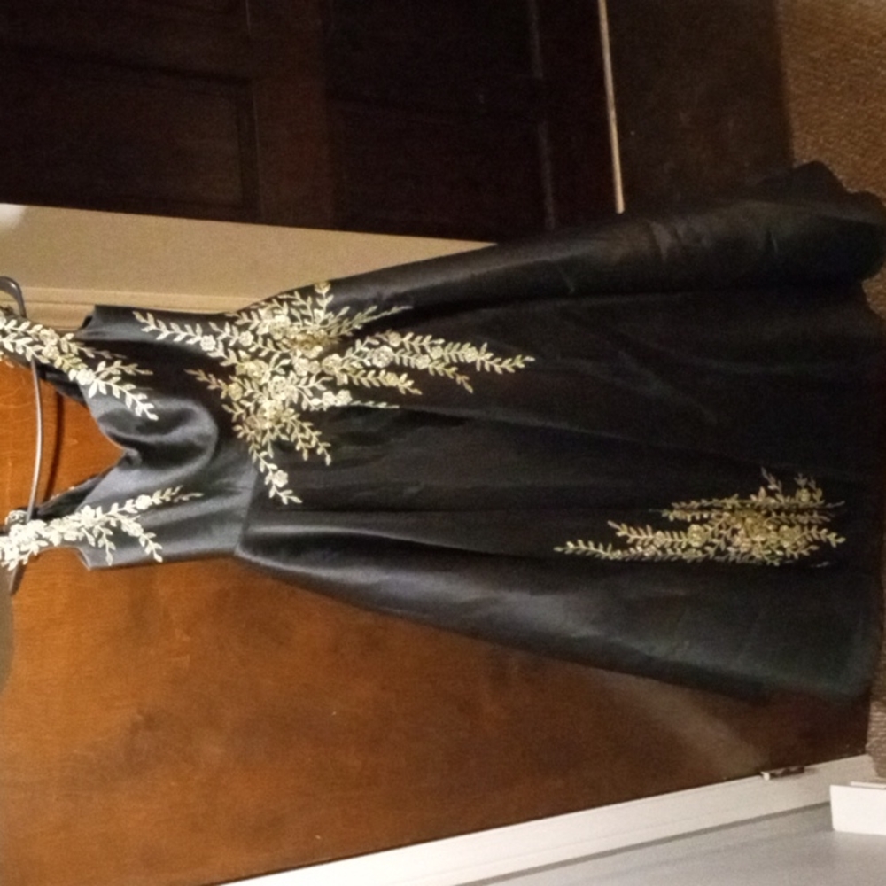 Bicici & Coty Black prom dress with gold embellishments
